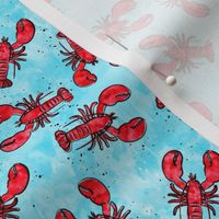 (extra small scale) lobsters - watercolor & ink nautical summer - red on light blue - LAD20