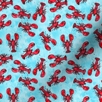 (extra small scale) lobsters - watercolor & ink nautical summer - red on light blue - LAD20