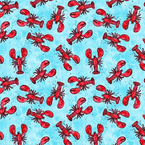 (extra small scale) lobsters - watercolor & ink nautical summer - red on light blue - LAD20