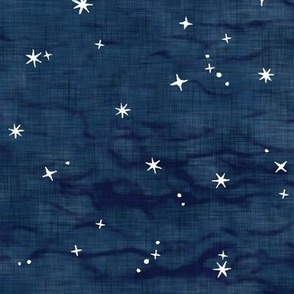 Shibori Stars on Dark Indigo | Night sky fabric, block printed stars on linen pattern, arashi shibori linen.