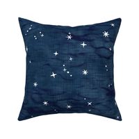 Shibori Stars on Dark Indigo (xl scale) | Night sky fabric, block printed stars on linen pattern, arashi shibori linen.