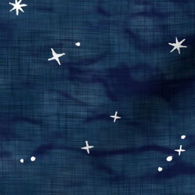 Shibori Stars on Dark Indigo (xl scale) | Night sky fabric, block printed stars on linen pattern, arashi shibori linen.