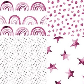 Rainbows, stars and dots watercolor patchwork for nursery in marsala shades p295-6