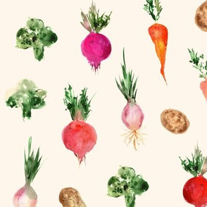 Veggies from grandmother's garden on cream - watercolor vegetables for modern kitchen