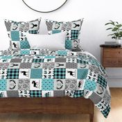 Woodland Dream Plaid Patchwork - Blue / Black, Gray Cheater Quilt Blanket, GL-BB, rotated