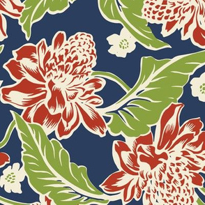 Large Tropical Flowers in Red and Blue