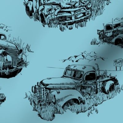 Toile of vintage trucks on blue