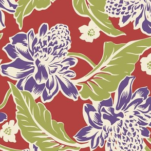 Large Tropical Flowers in Purple and Carmine Red