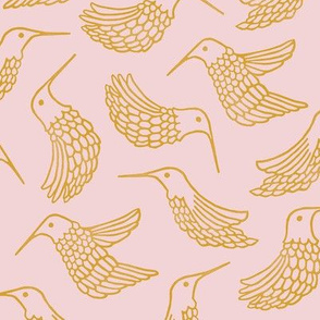 Hummingbird Block Print, Gold on Pink