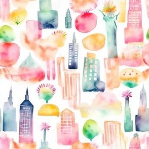 Pink NYC cityscape watercolor  