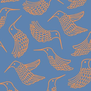 Hummingbird Block Print, Orange on Blue