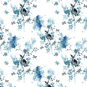 Blue and White Floral Fabric, Watercolor Brush Stokes, Dragonfly Garden, Cobalt and Indigo