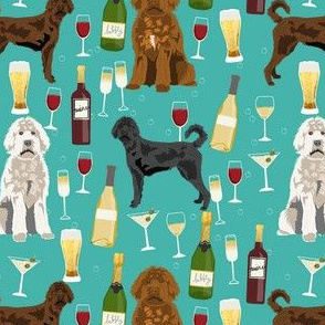labradoodle wine fabric - doodle dogs fabric - turquoise