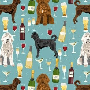 labradoodle wine fabric - doodle dogs fabric -blue