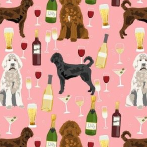 labradoodle wine fabric - doodle dogs fabric -pink
