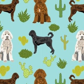 labradoodle cactus fabric - doodle dog fabric - light blue