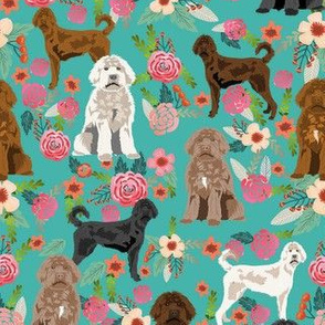 labradoodle floral fabric - dog fabric, vintage florals - turquoise