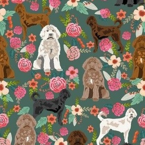 labradoodle floral fabric - dog fabric, vintage florals - dark green