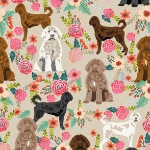 labradoodle floral fabric - dog fabric, vintage florals - tan