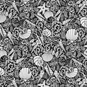 medium shells and mussels on linen in black and white