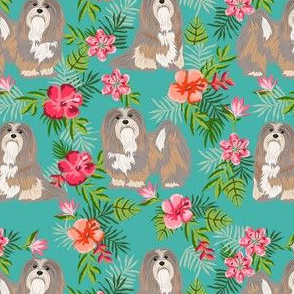 lhasa apso hawaiian fabric - hawaiian print, hibiscus tropical design - turquoise