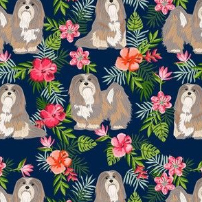 lhasa apso hawaiian fabric - hawaiian print, hibiscus tropical design - navy