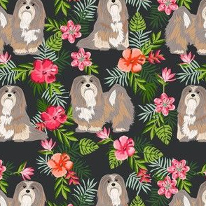 lhasa apso hawaiian fabric - hawaiian print, hibiscus tropical design - dark