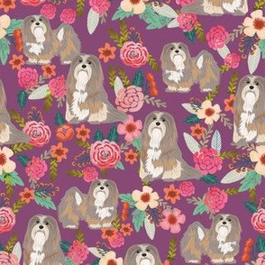 lhasa apso floral fabric - vintage florals - purple
