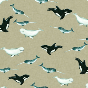 Arctic Whales on Tan Linen Background