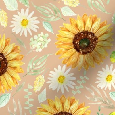 Sunflowers and Daisies on Beige 