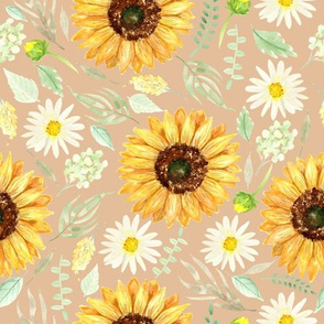 Sunflowers and Daisies on Beige 