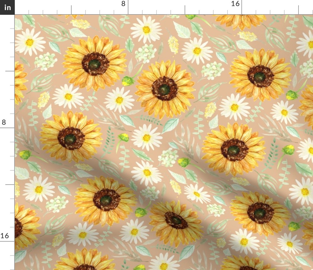 Sunflowers and Daisies on Beige 