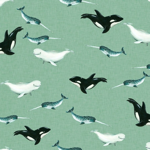 Arctic Whales on Mint Linen Background