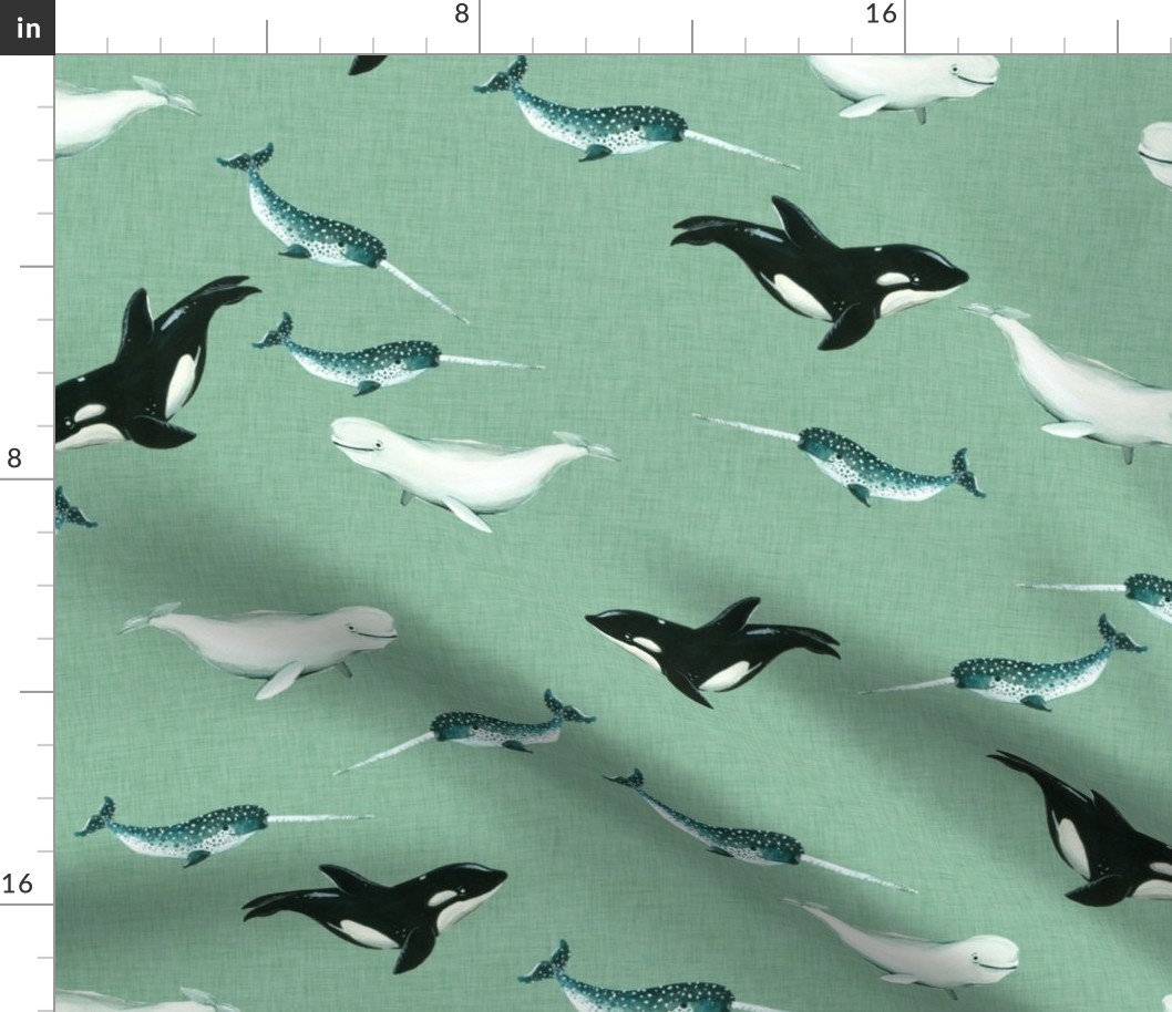 Arctic Whales on Mint Linen Background
