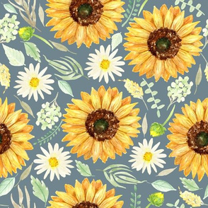 Sunflowers and daisies on blue