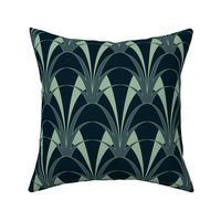 ART DECO FLOWERS CRISP LINES, BLUE AND TEAL ON SUPER DARK TEAL