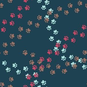 Small scale // Hot dogs chase // navy blue background red aqua and brown paw prints