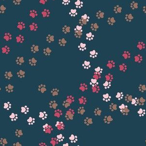 Small scale // Hot dogs chase // navy blue background red pink and brown paw prints