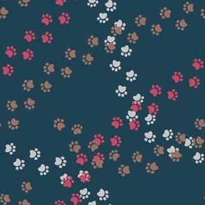 Small scale // Hot dogs chase // navy blue background red grey and brown paw prints