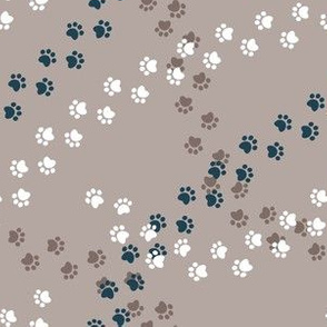 Small scale // Hot dogs chase // brown taupe background brown white and navy blue paw prints