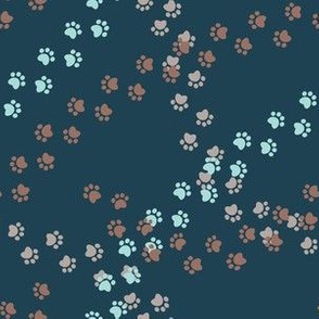 Small scale // Hot dogs chase // navy blue background brown aqua and brown taupe paw prints