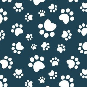 Small scale // Paw prints // navy blue background white animal foot prints