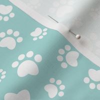 Small scale // Paw prints // aqua background white animal foot prints