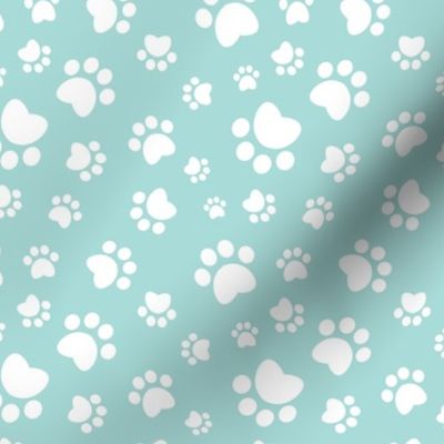 Small scale // Paw prints // aqua background white animal foot prints