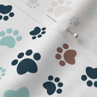 Small scale // Paw prints // white background brown navy blue and aqua animal foot prints