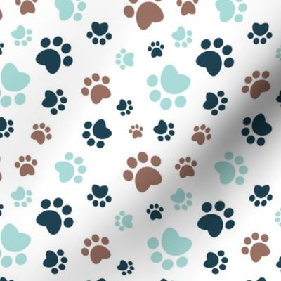 Small scale // Paw prints // white background brown navy blue and aqua animal foot prints