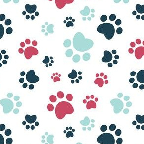 Small scale // Paw prints // white background red navy blue and aqua animal foot prints