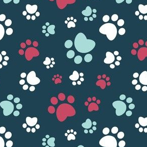Small scale // Paw prints // navy blue background red white and aqua animal foot prints