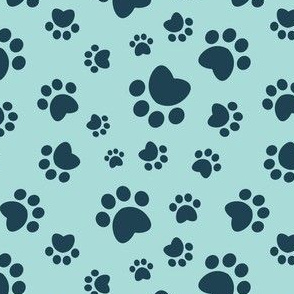 Small scale // Paw prints // aqua background navy blue animal foot prints