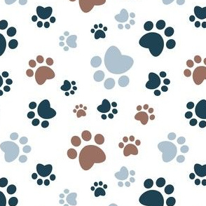 Small scale // Paw prints // white background brown navy blue and pastel blue animal foot prints
